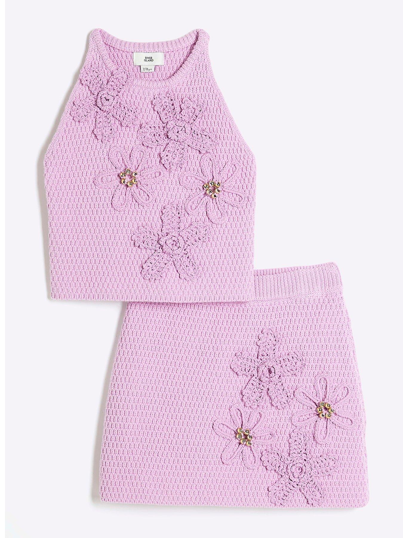  image of river-island-older-girl-crochet-floral-top-amp-skirt-set-purple