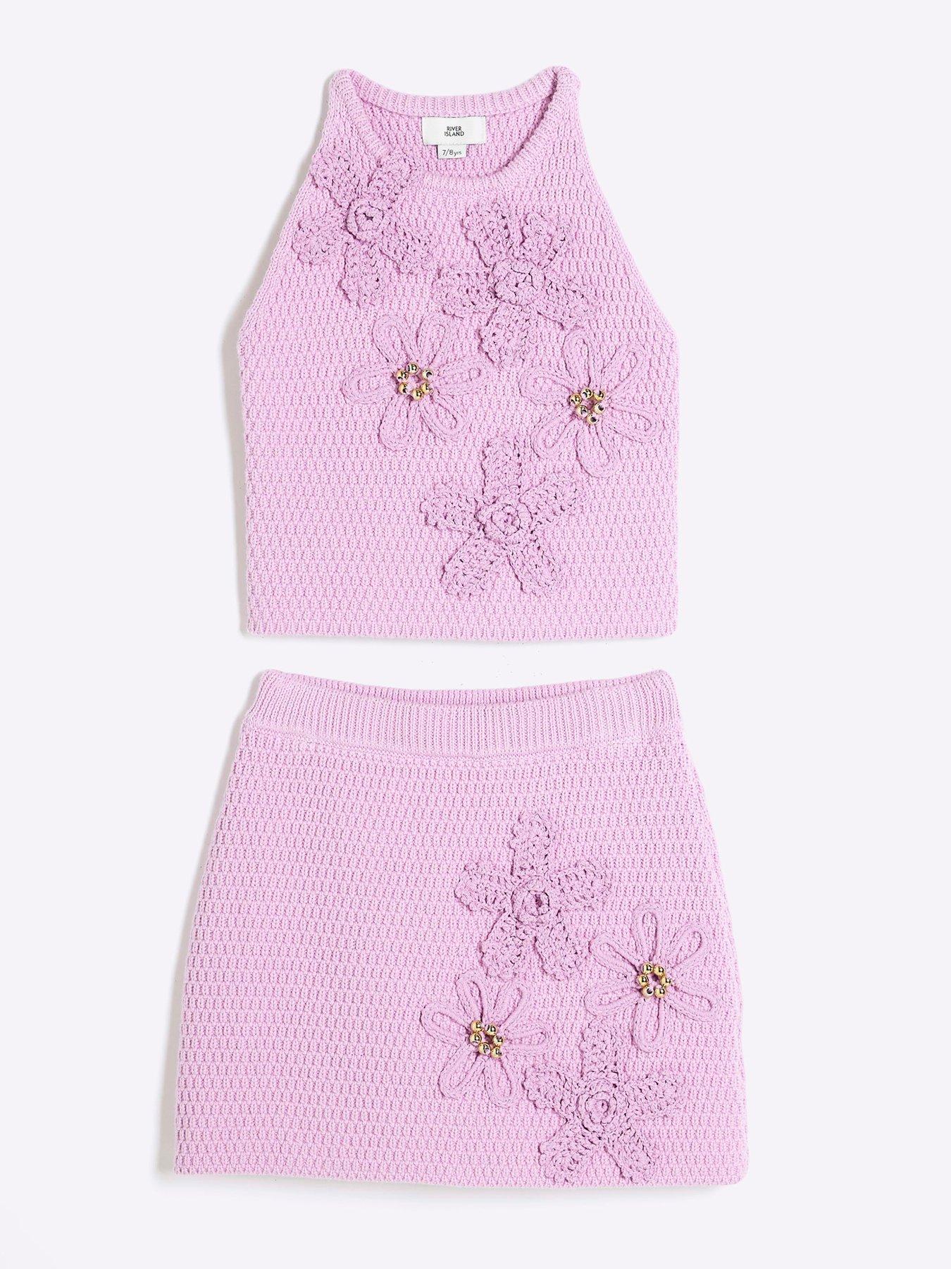  image of river-island-older-girl-crochet-floral-top-amp-skirt-set-purple