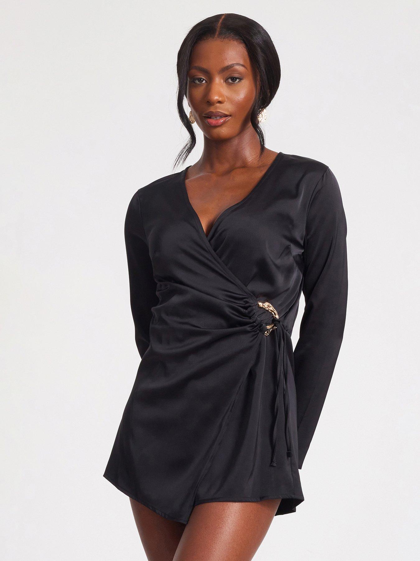 undefined Black Satin Wrap Playsuit