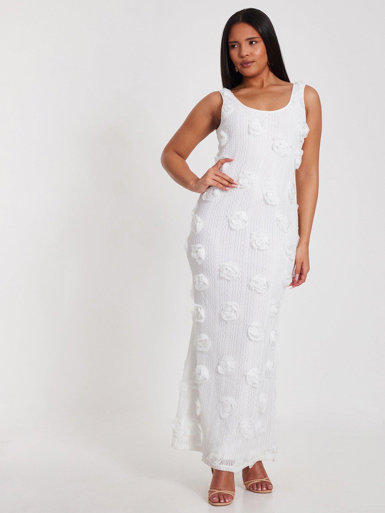 undefined White Knitted Floral Midaxi Dress