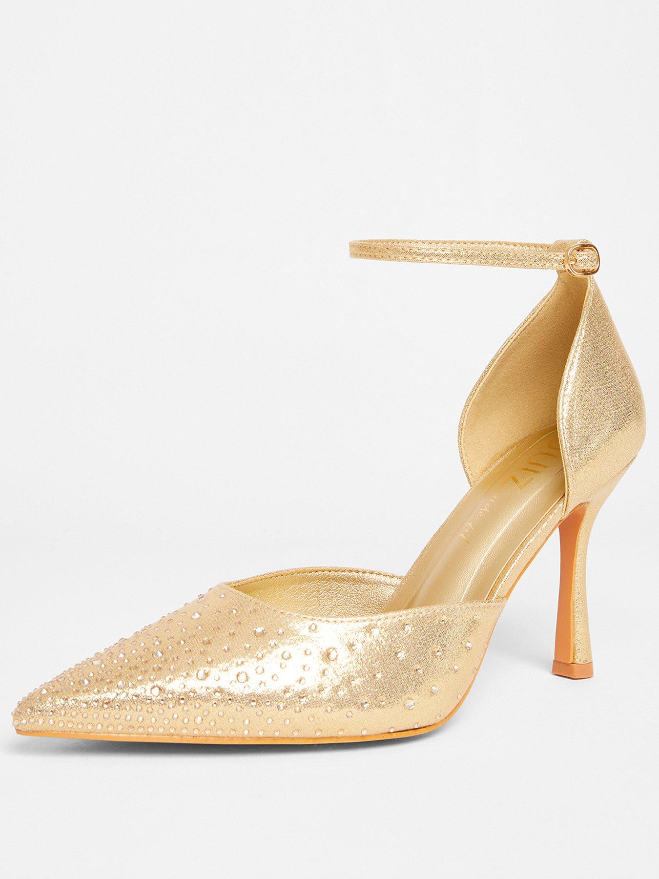 image of quiz-wide-fit-gold-scattered-diamante-court-heels