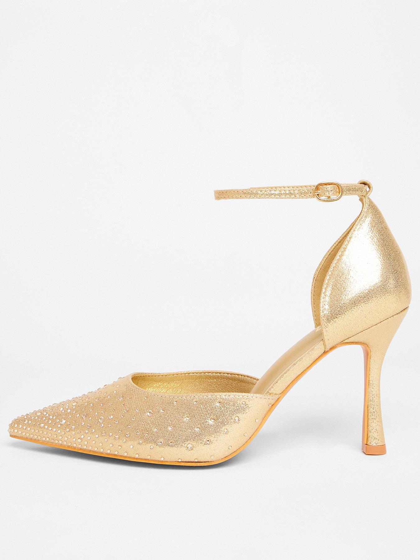 image of quiz-wide-fit-gold-scattered-diamante-court-heels