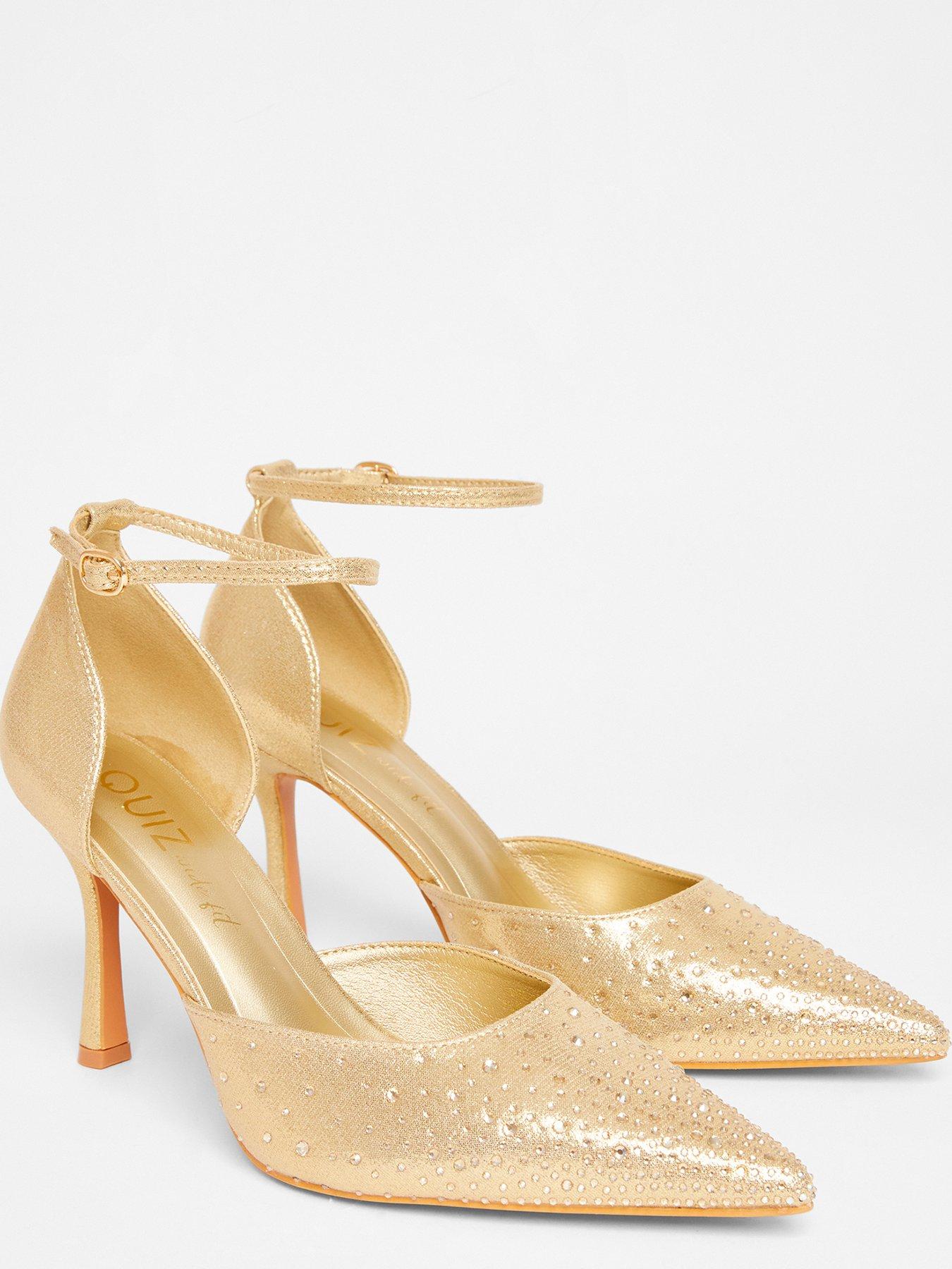  image of quiz-wide-fit-gold-scattered-diamante-court-heels