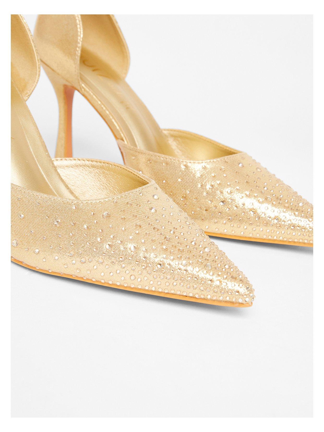  image of quiz-wide-fit-gold-scattered-diamante-court-heels