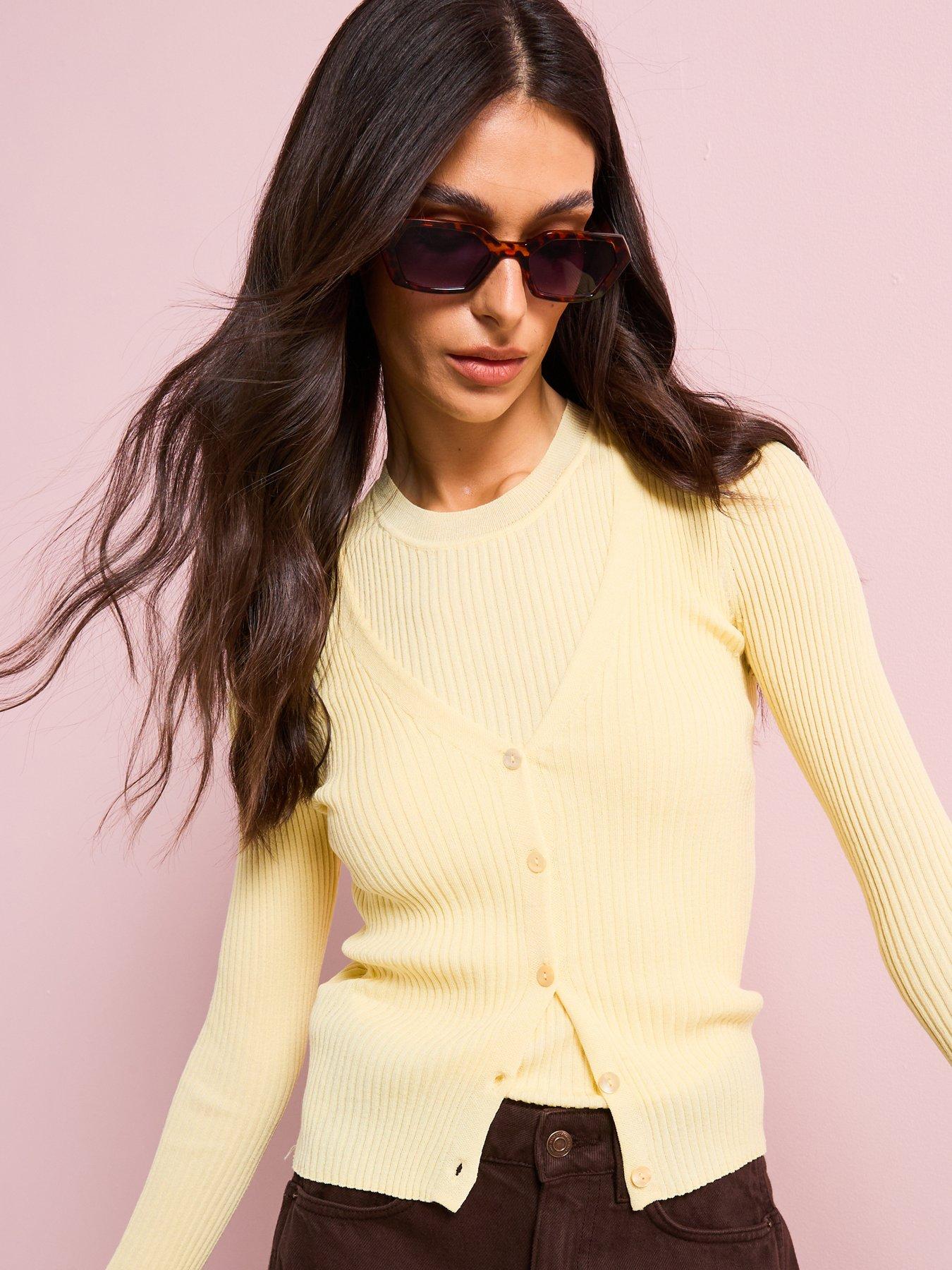 mango-v-neck-rib-knit-cardigan-yellow
