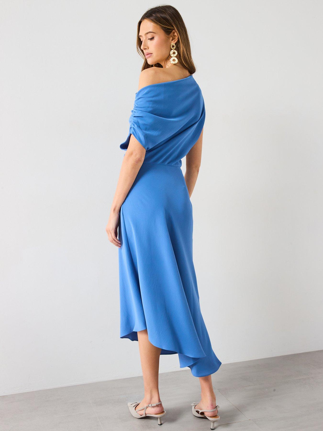 mango blue midi dress Mango one shoulder satin midi dress in light blue