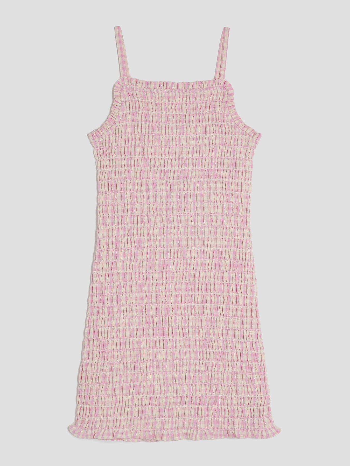 undefined Older Girls Shirred Gingham Dress  - Pink