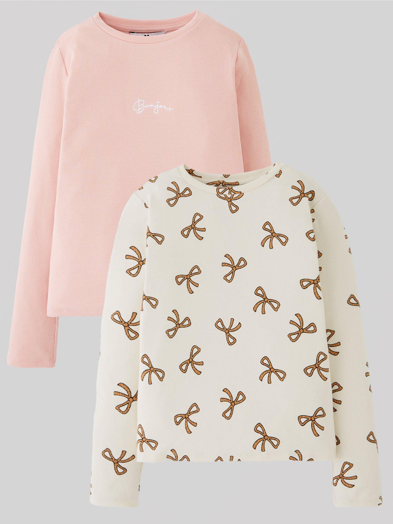 V by Very Girls Bow Print 2 Pack Long Sleeve Top - Multi
