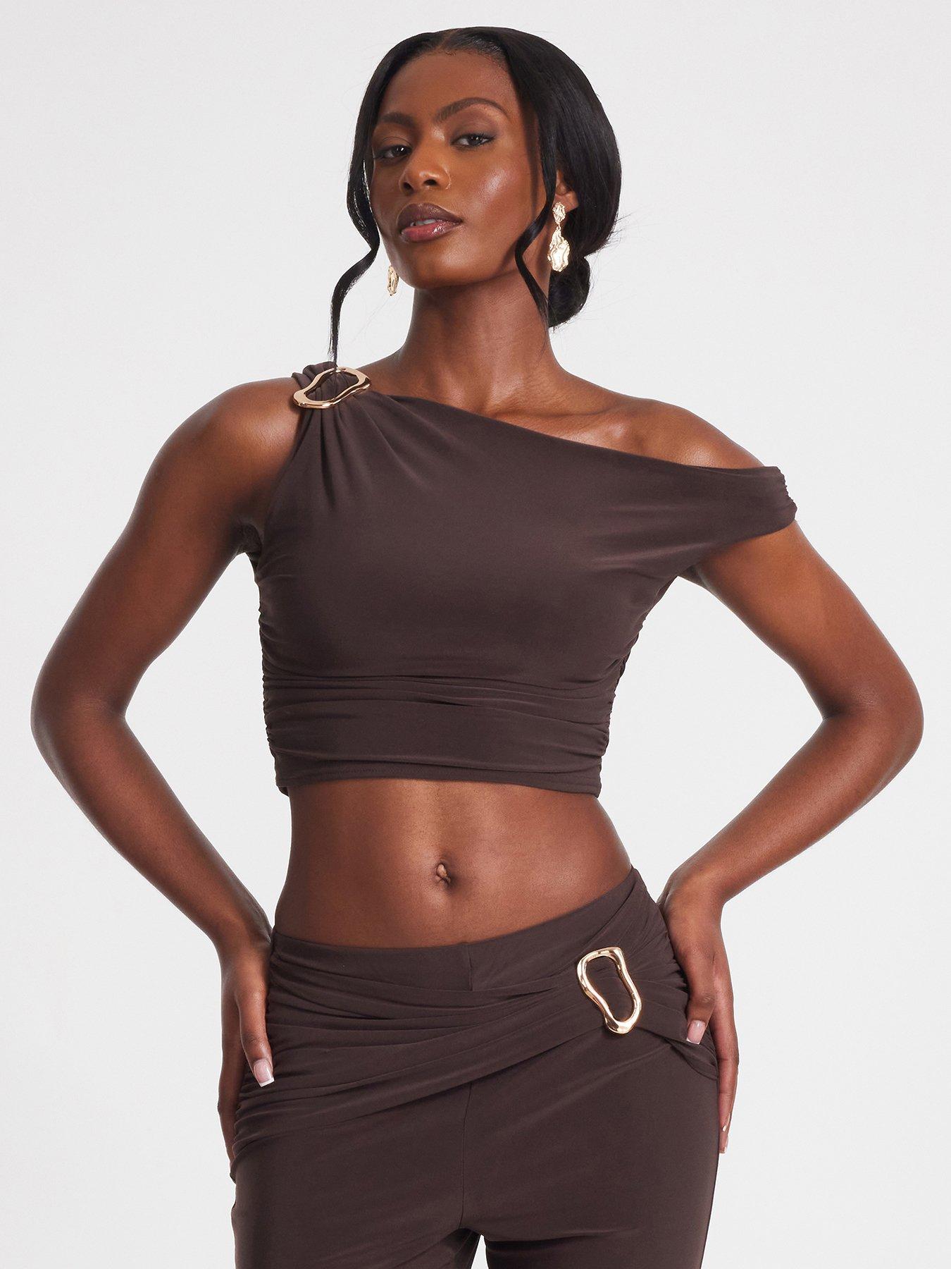 undefined Brown Buckle One Shoulder Top