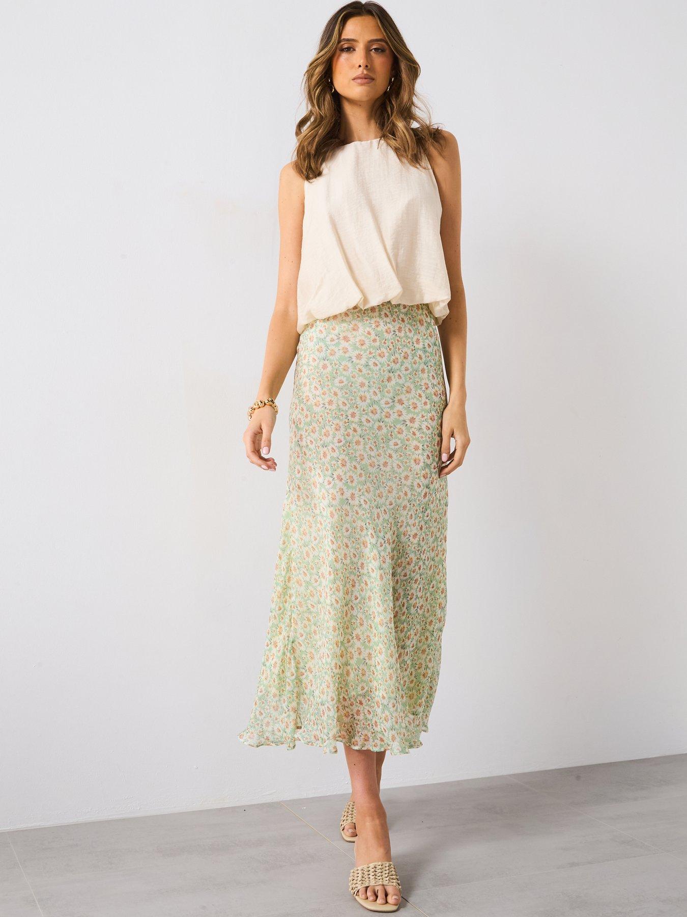 Image 3 of 4 of Mango Long Floral Flared Skirt - Green