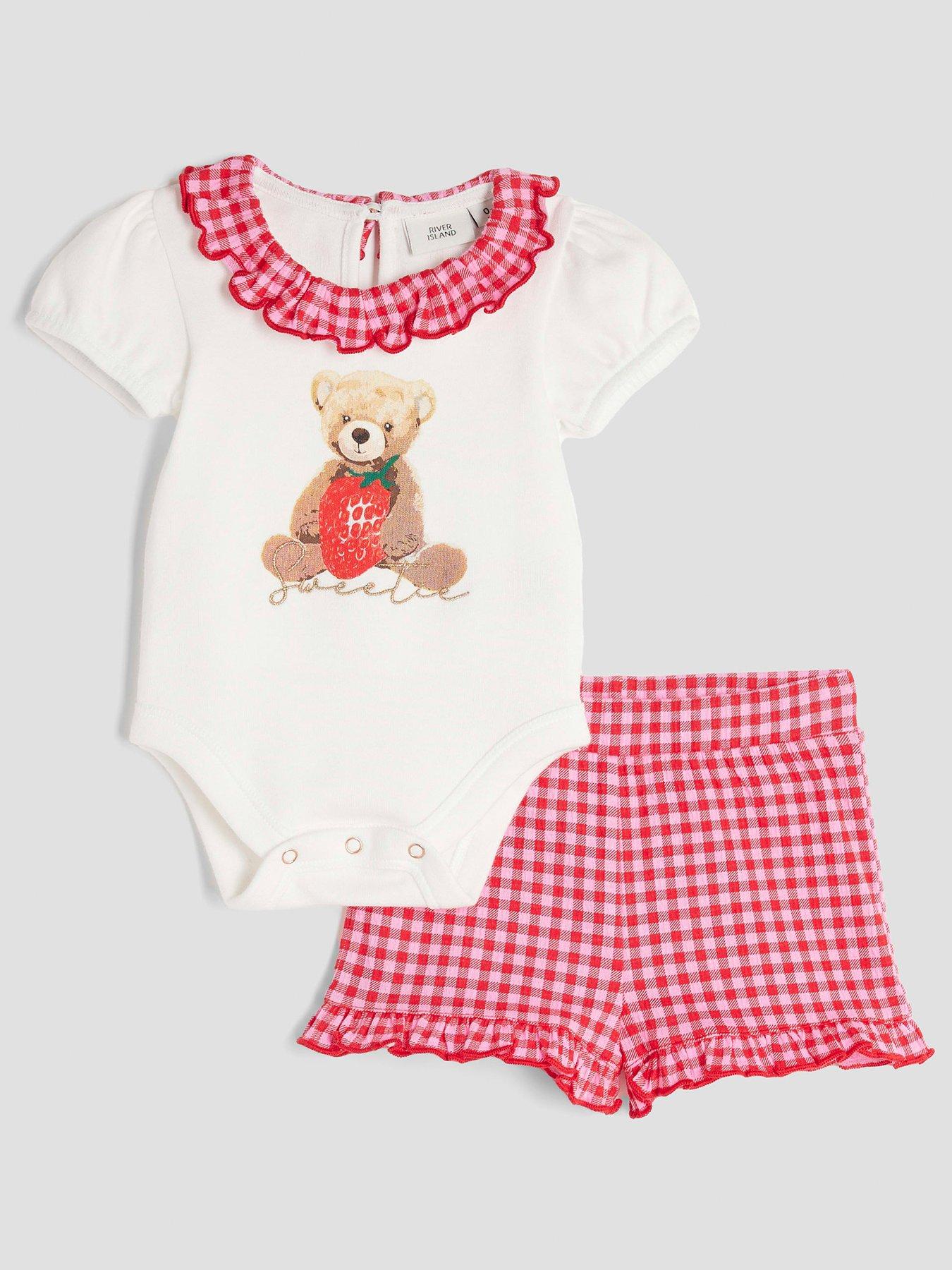 undefined Girl Bear Gingham Shorts Set - Cream