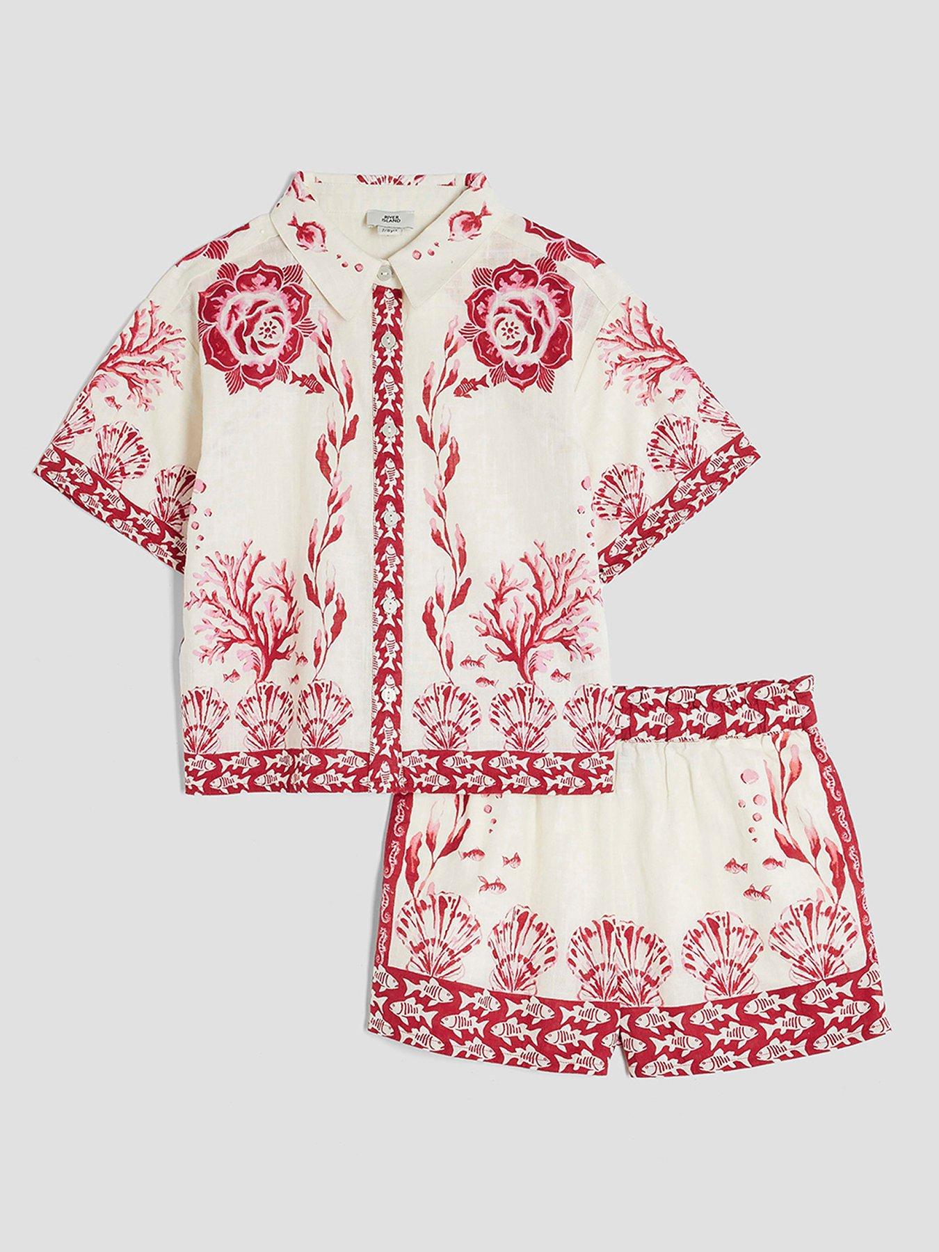  image of river-island-older-girl-bordered-printed-shirt-set-red