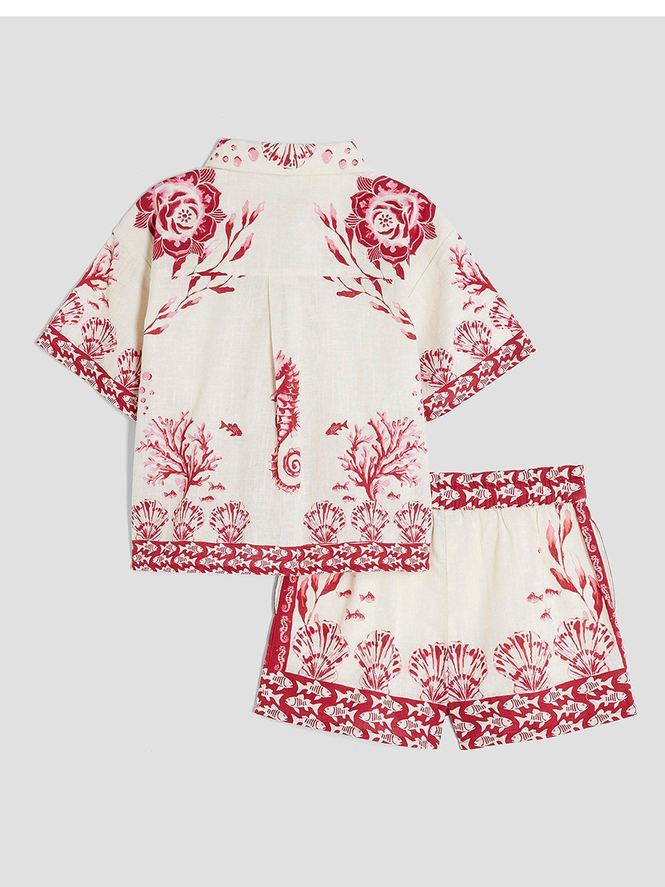  image of river-island-older-girl-bordered-printed-shirt-set-red