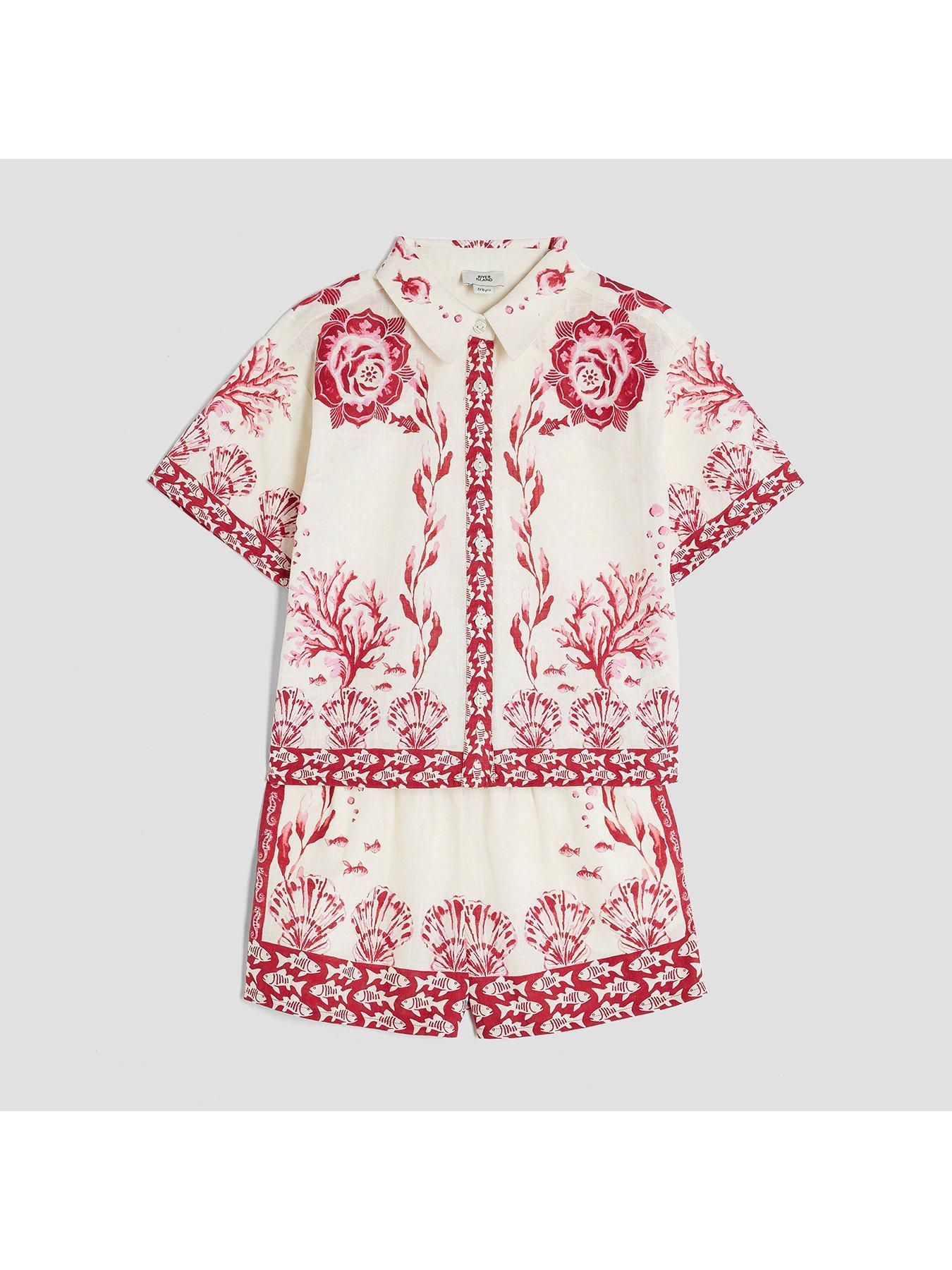  image of river-island-older-girl-bordered-printed-shirt-set-red
