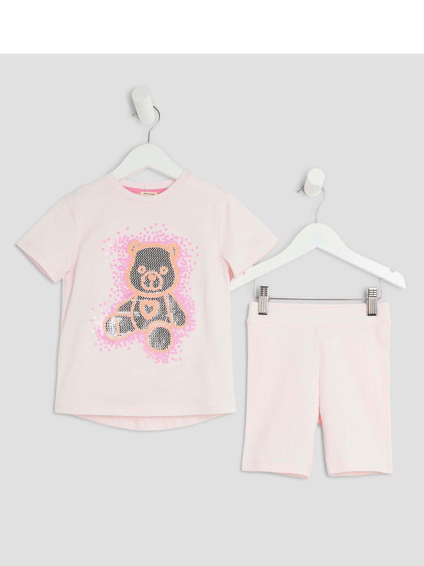 River Island Mini Girls Sequin Bear T-Shirt Set - Pink