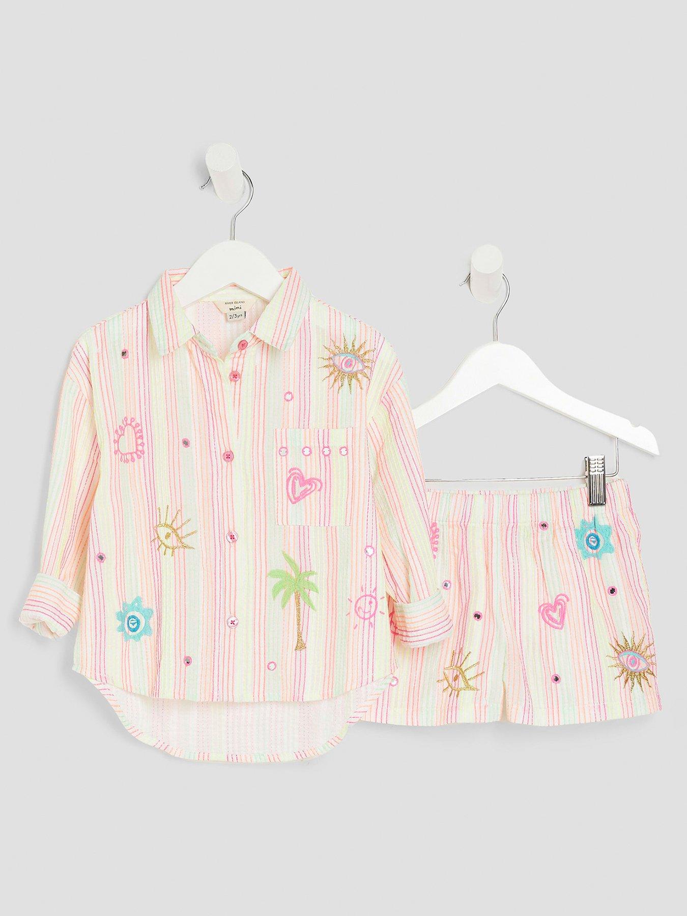 undefined Girls Stripe Embroid Shirt Set