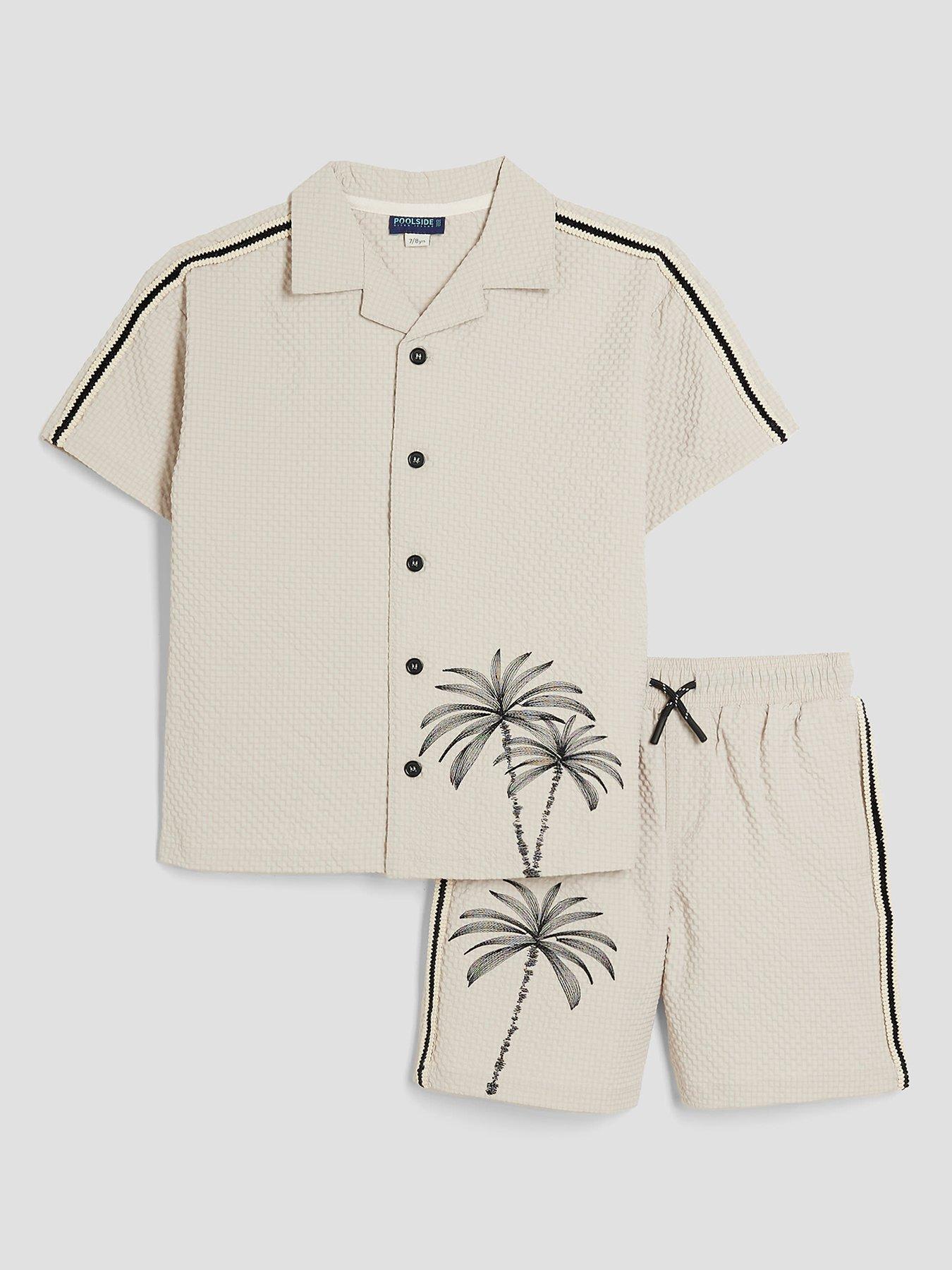 undefined Mini Boys Palm Embroidered Swim Shorts Set - Stone