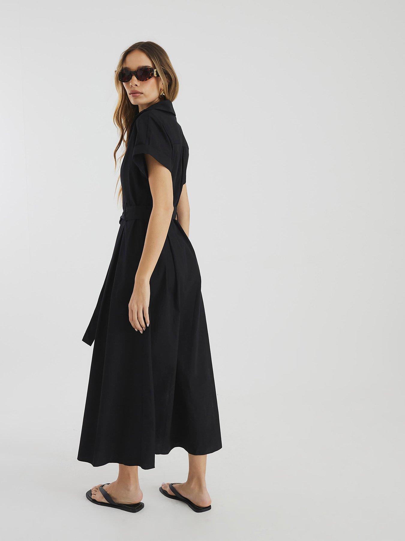  image of river-island-short-sleeve-midi-shirt-dress-black