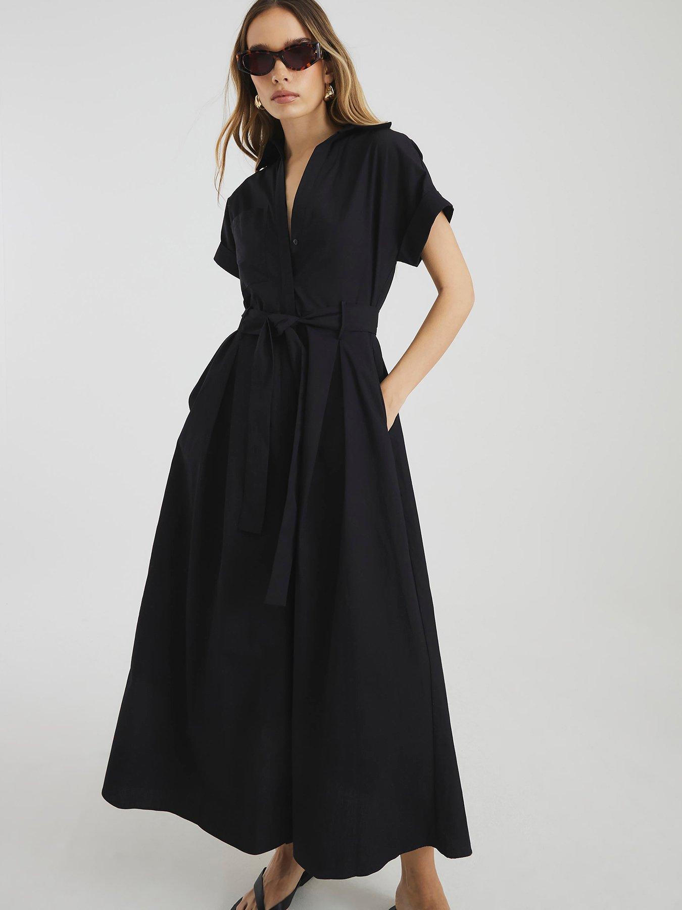  image of river-island-short-sleeve-midi-shirt-dress-black