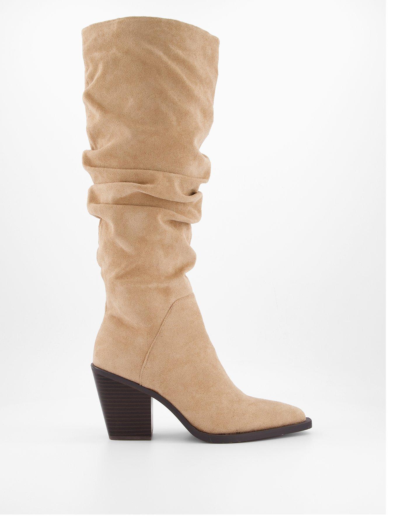 undefined Slouch Knee Boots With Western Heel - Beige