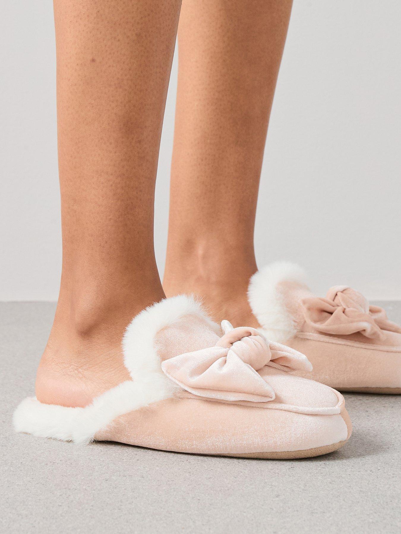 V by Very Bow Velvet Mule Slipper - Pink
