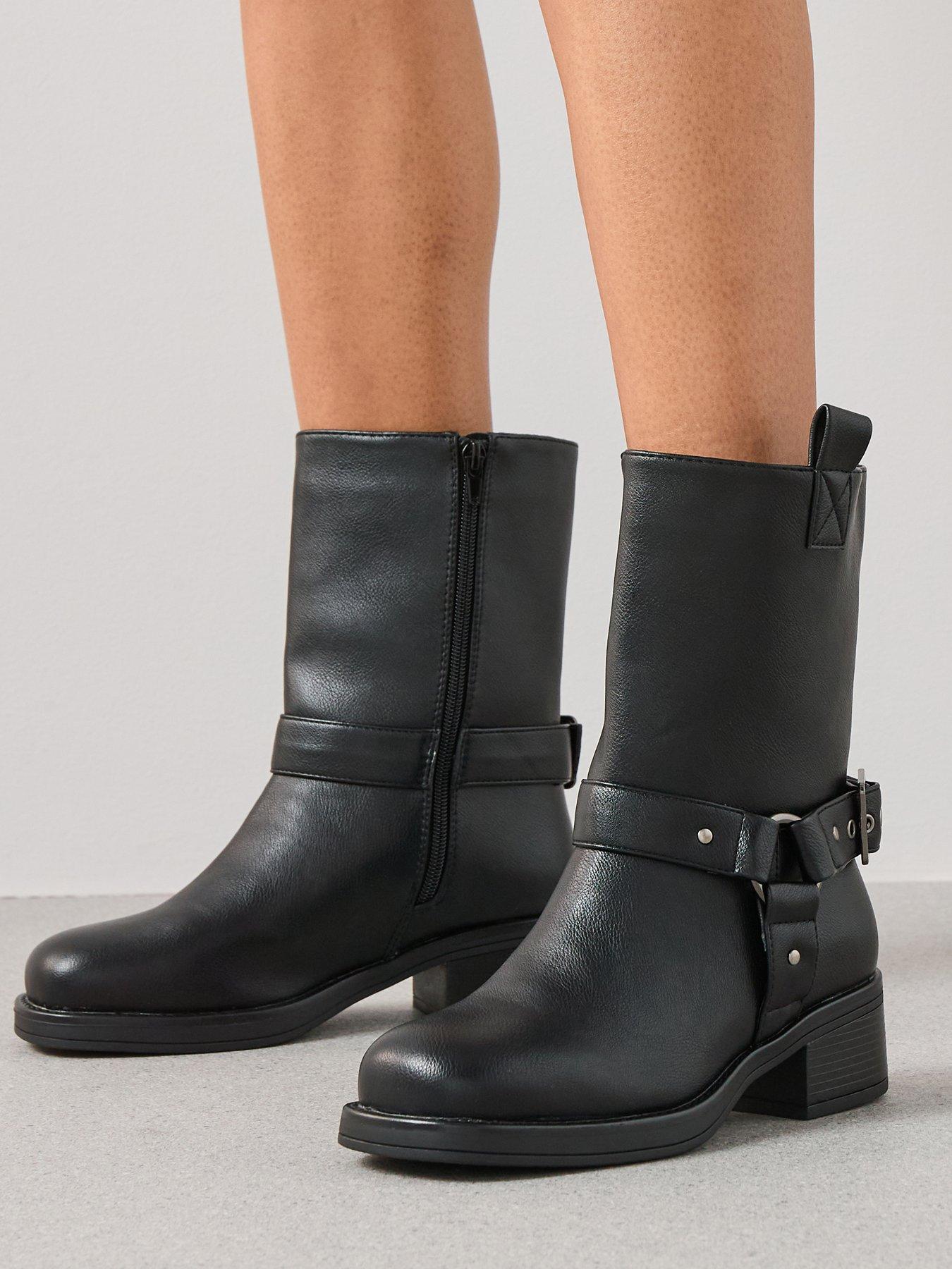 undefined Wide Fit Chunky Biker Ankle Boots - Black