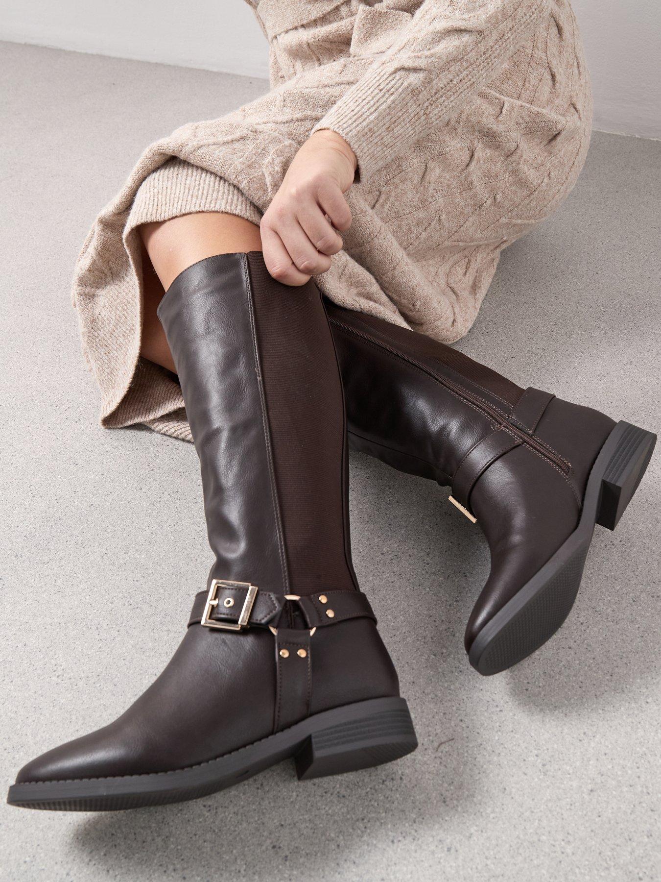 V by Very Extra Wide Fit Knee High Boot With Elastic Panels - Brown
