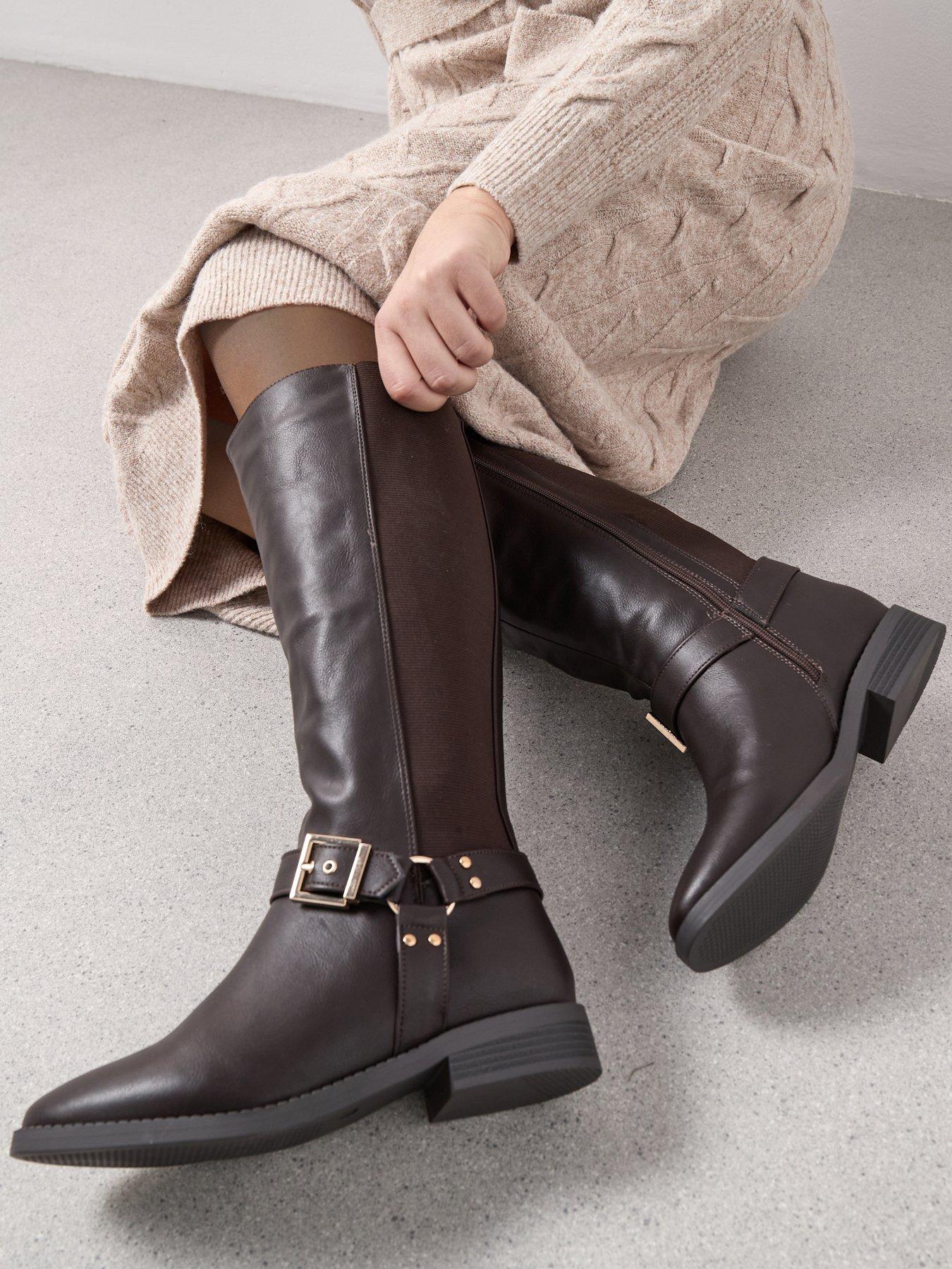 V by Very Extra Wide Fit Knee High Boot With Elastic Panels - Brown