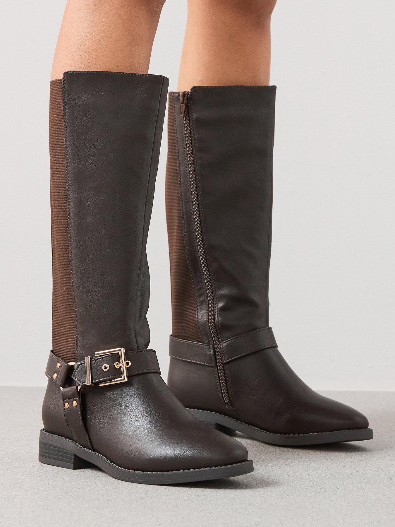 undefined Extra Wide Fit Knee High Boot With Elastic Panels - Brown