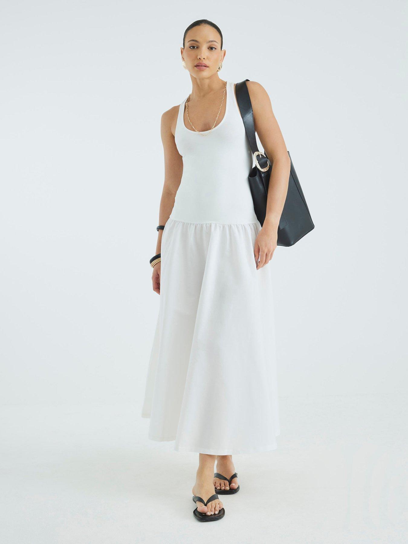 Image 1 of 4 of River Island Scoop Poplin Mix Dress - Cream