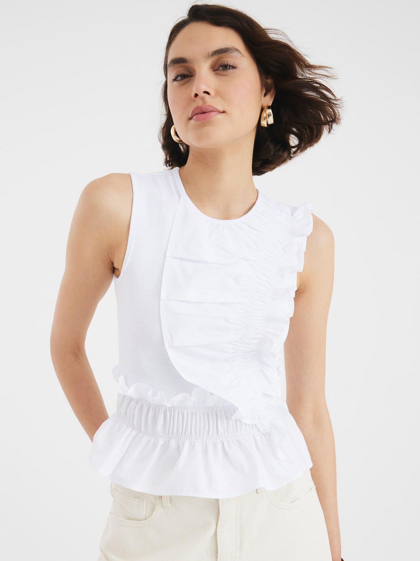 River Island Poplin Mix Frill Top - White