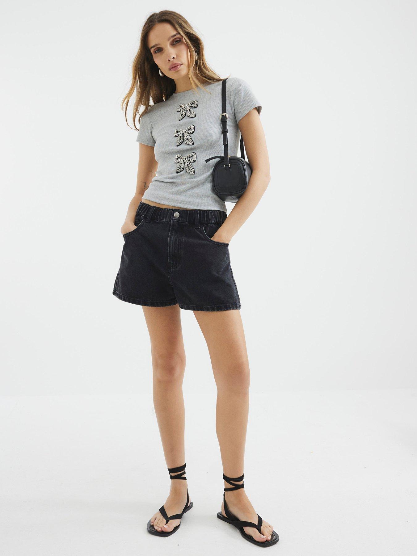  image of river-island-short-sleeve-diamante-bow-rib-tee-grey