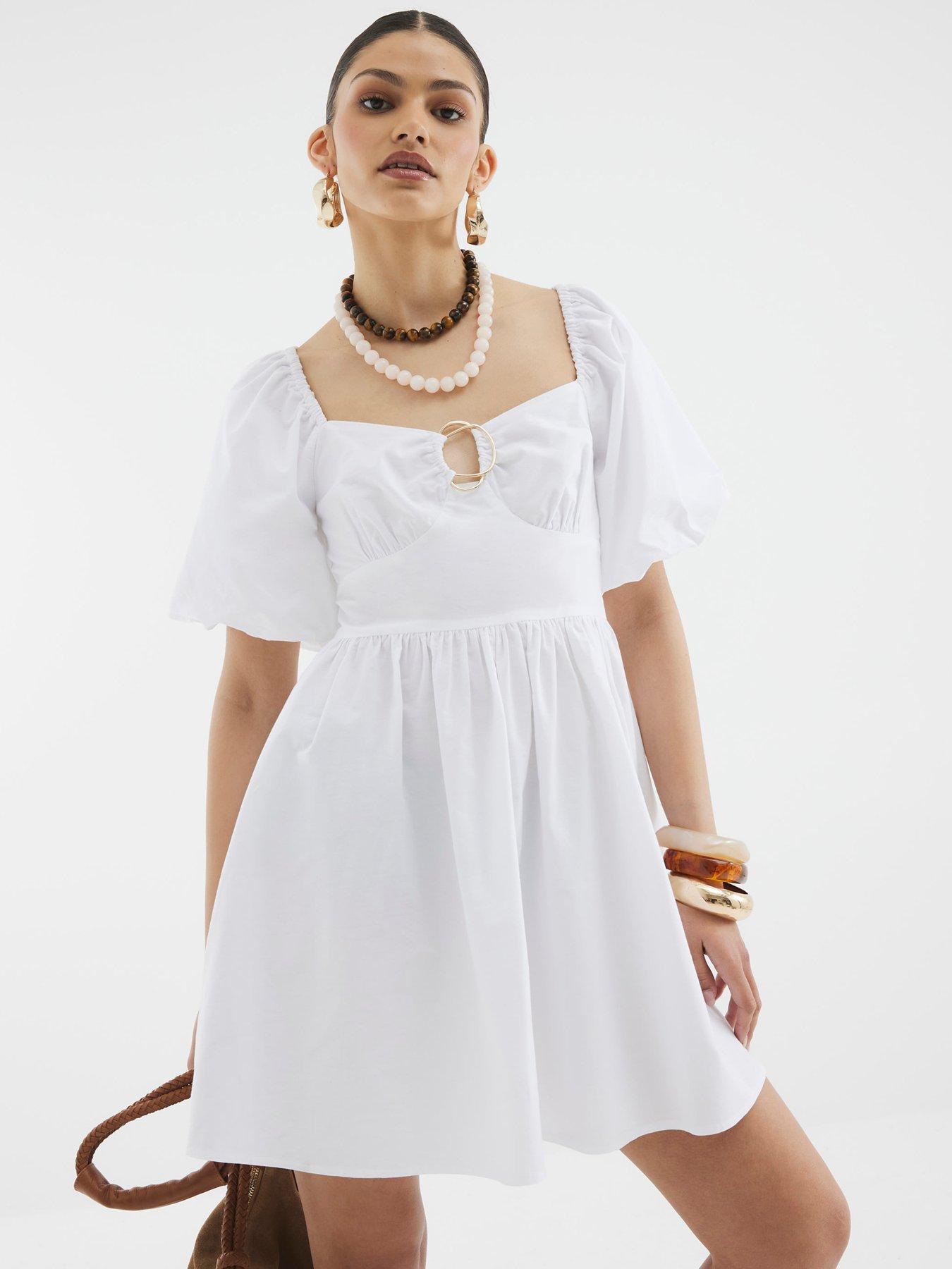 River Island Short Sleeve Poplin Trim Detail Mini - White