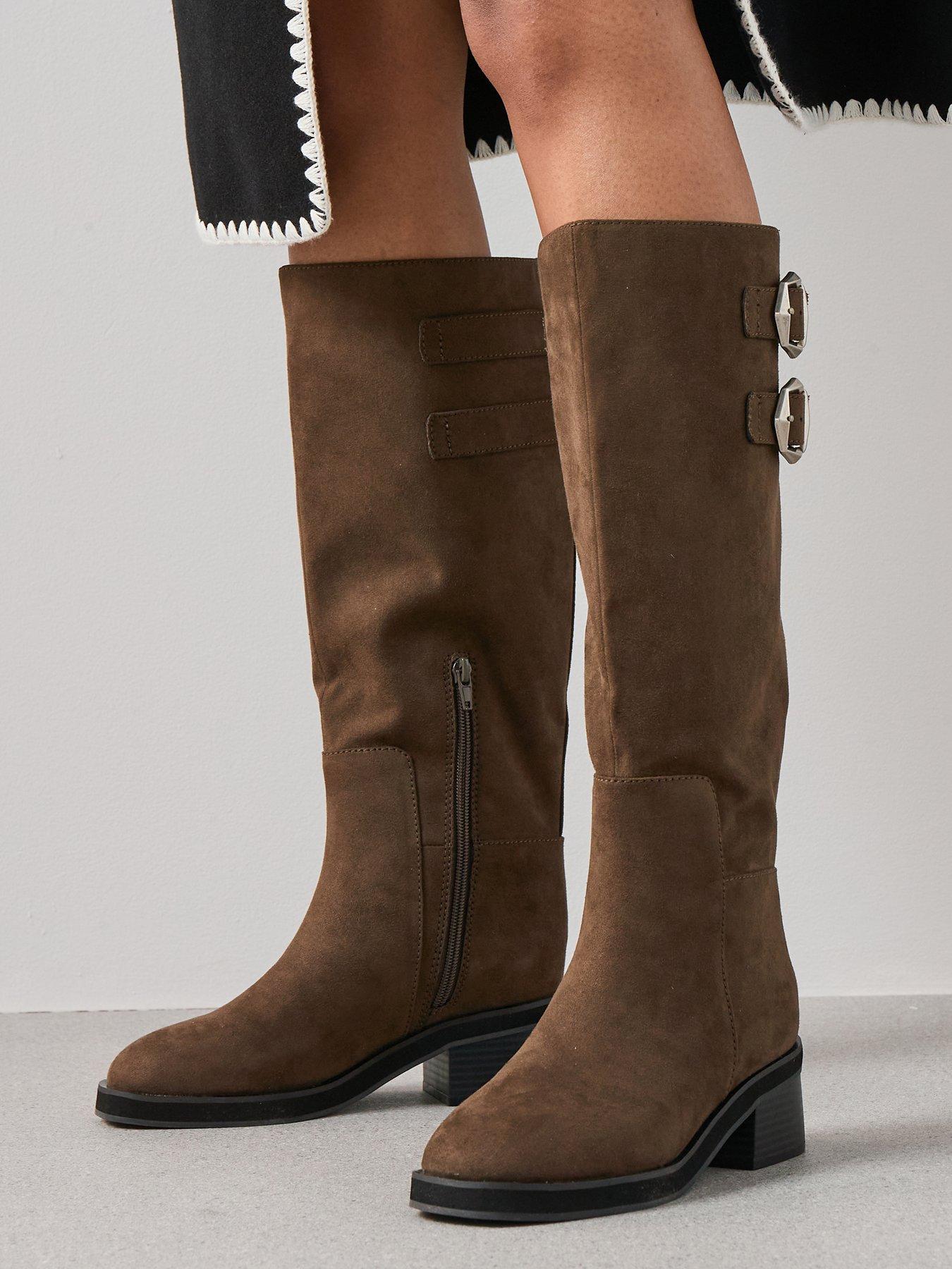undefined Low Block Heel Knee Boot With Hardware - Khaki
