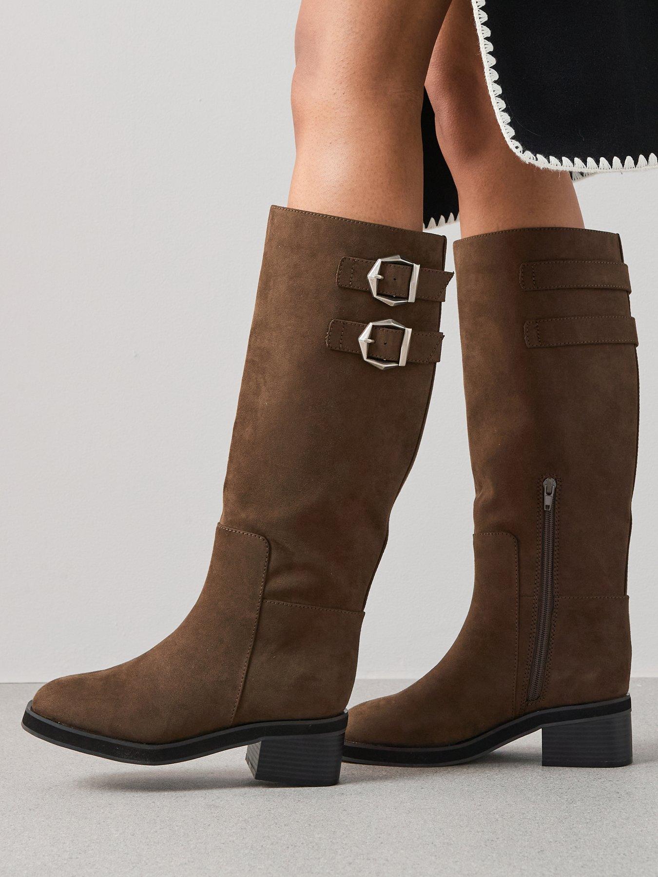 The Very Collection Low Block Heel Knee Boot With Buckles - Khaki