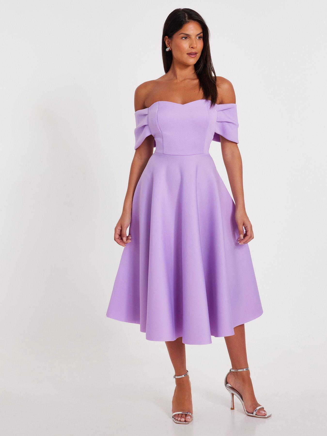 undefined Lilac Bardot Midi Skater Dress