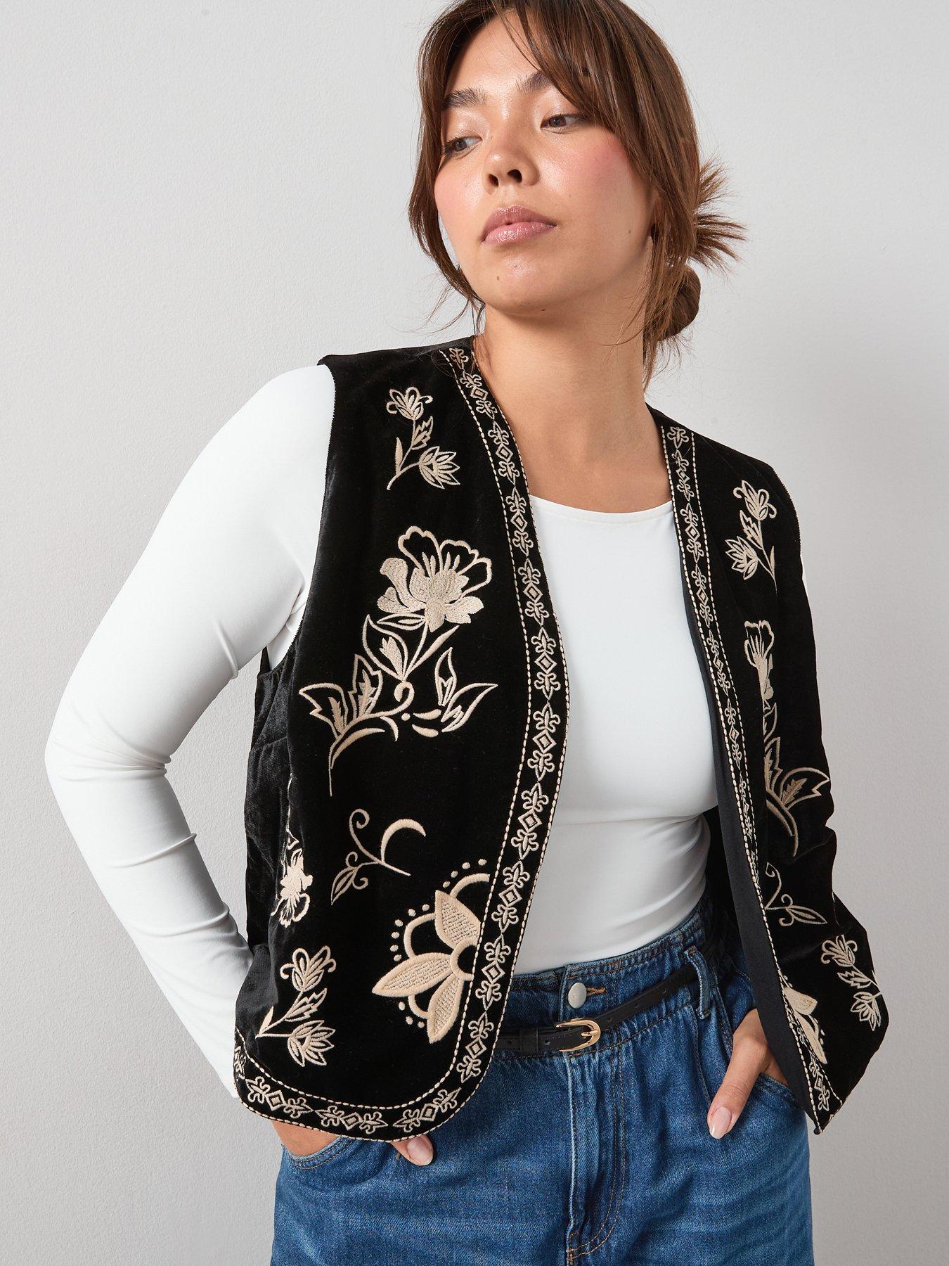 V by Very Curve Embroidered Velvet Waistcoat - Black