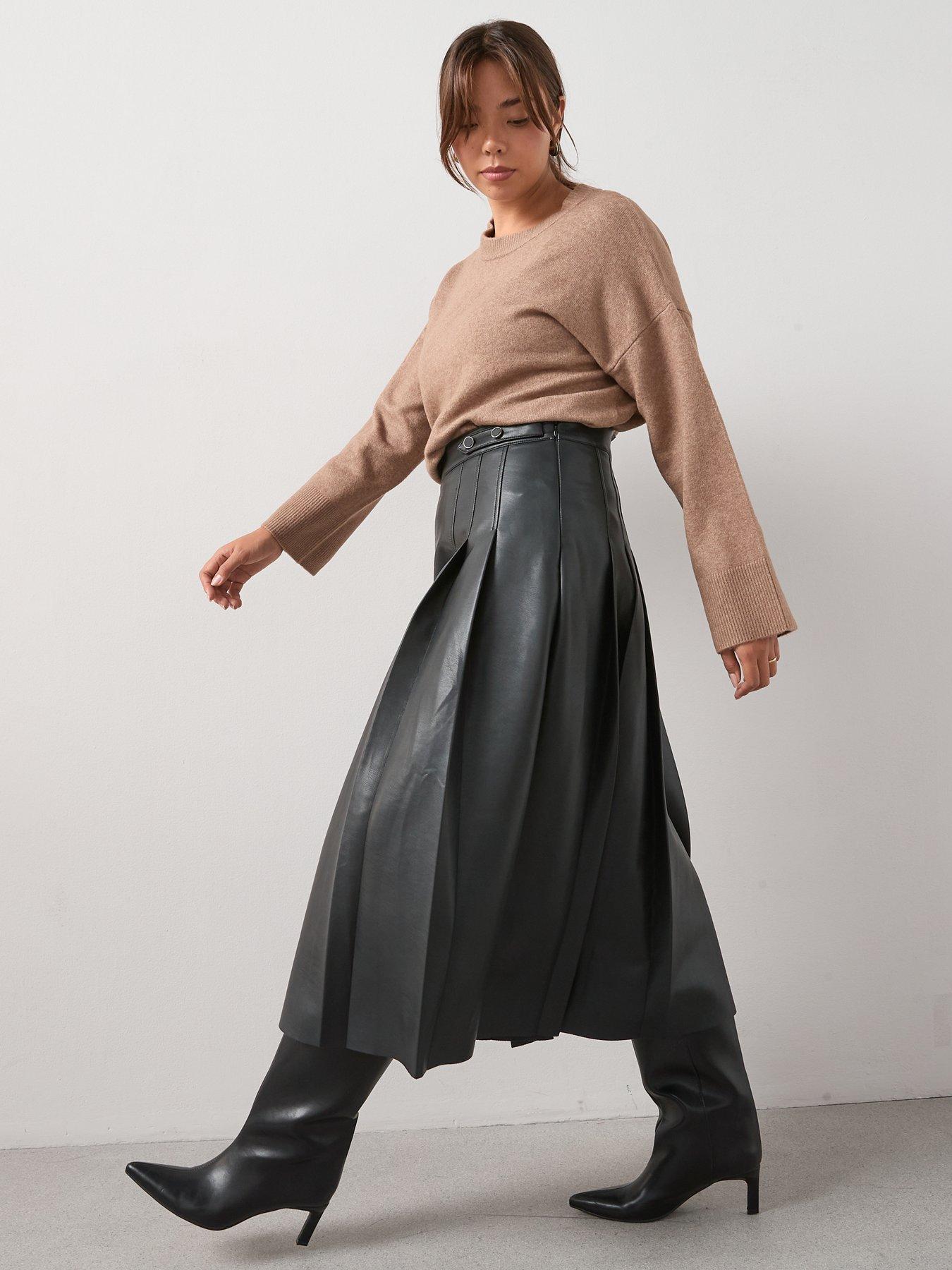 undefined Pu Pleated Midi Skirt - Black