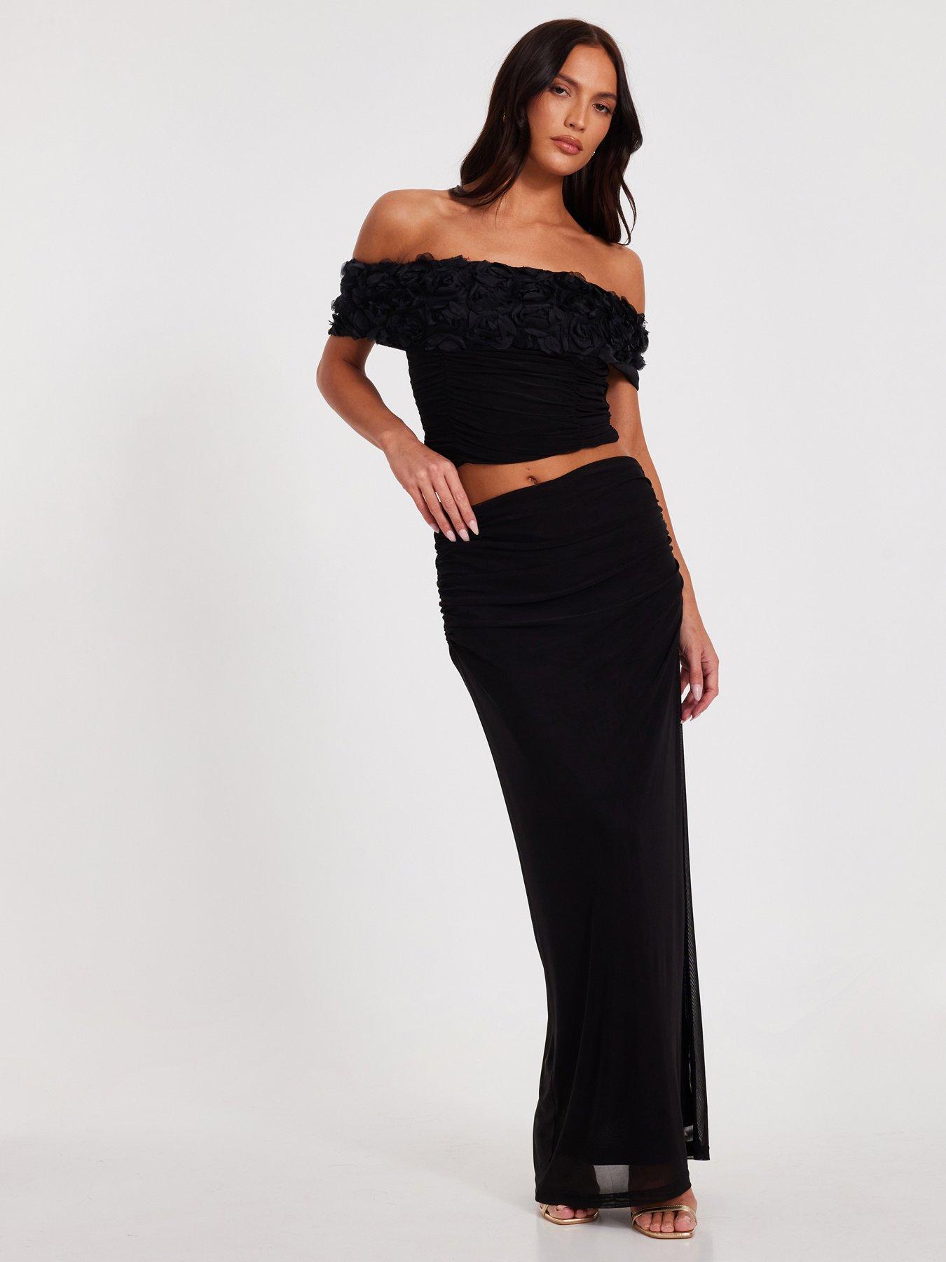 quiz-black-mesh-ruched-midaxi-skirt