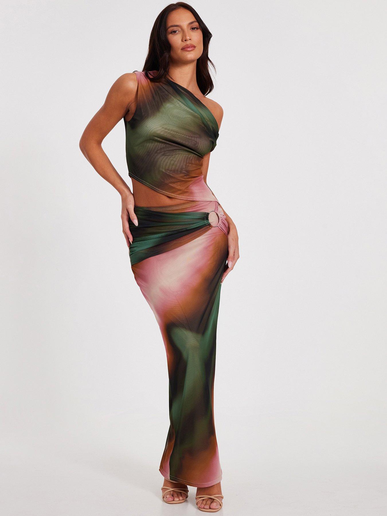 image of quiz-green-mesh-ruched-maxi-skirt