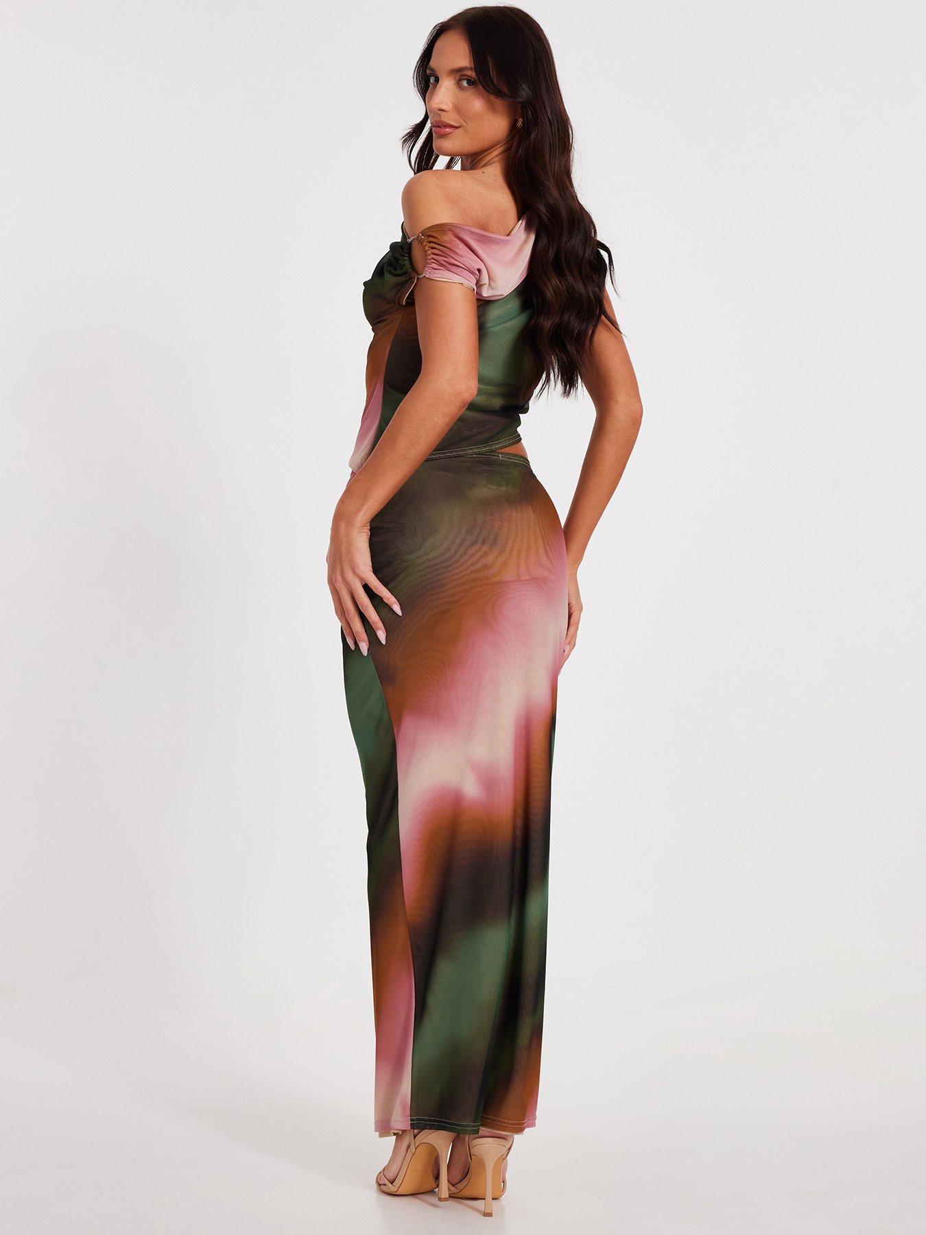  image of quiz-green-mesh-ruched-maxi-skirt