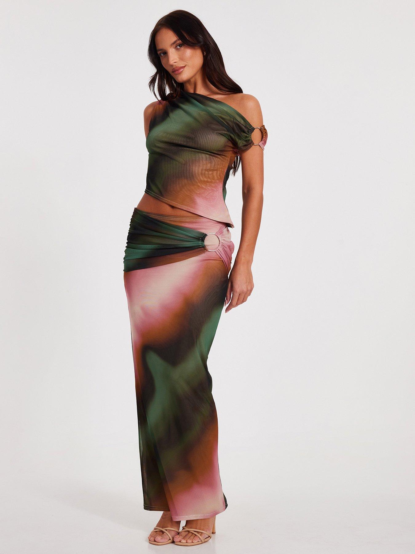  image of quiz-green-mesh-ruched-maxi-skirt