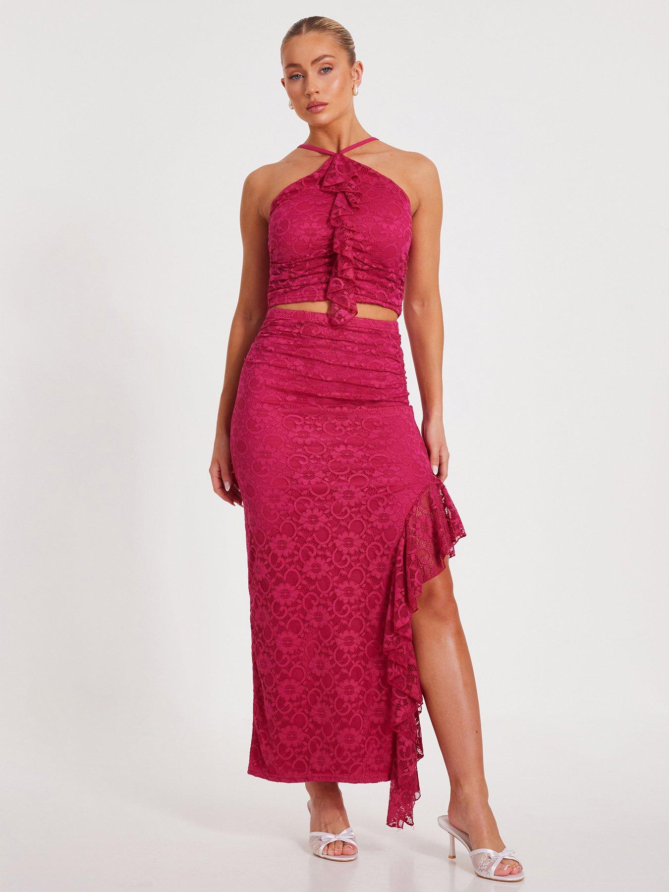  image of quiz-hot-pink-lace-maxi-skirt
