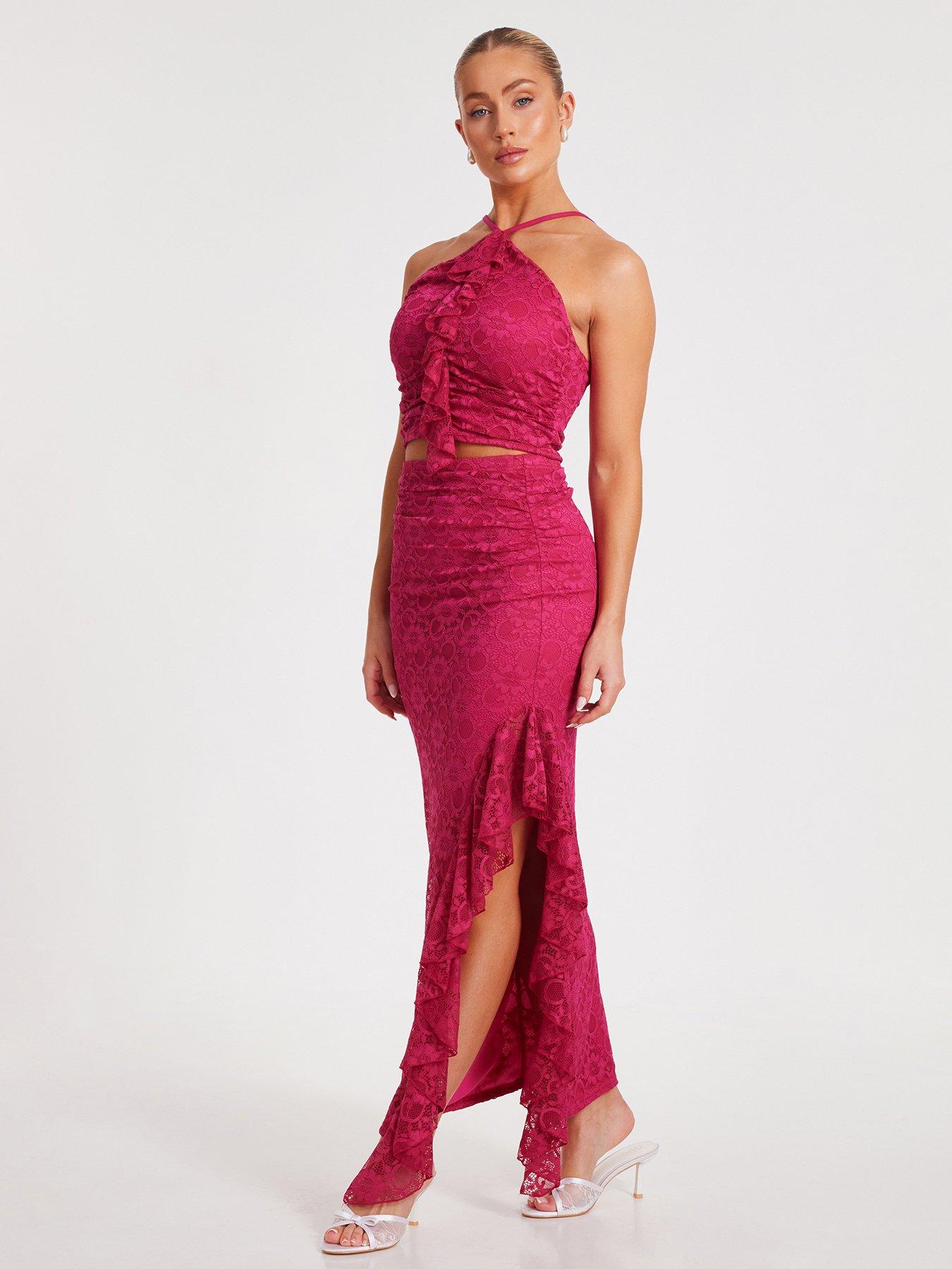  image of quiz-hot-pink-lace-maxi-skirt