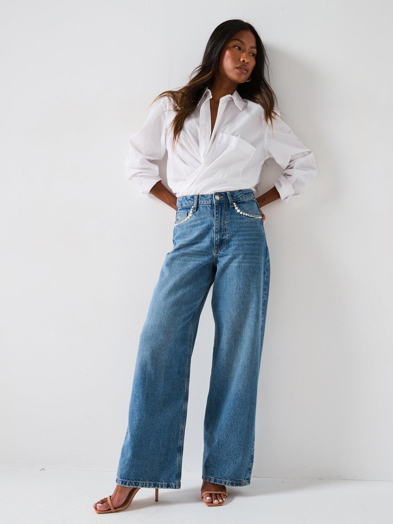 The Very Collection Pearl Trim Wide Leg Jeans - Mid Wash