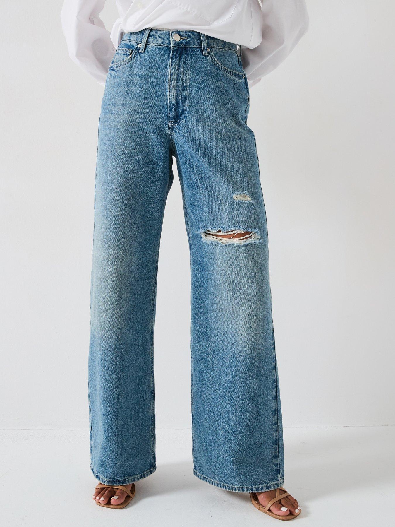 Image 1 of 6 of The Very Collection Wide Leg Jeans with Rips - Mid Wash