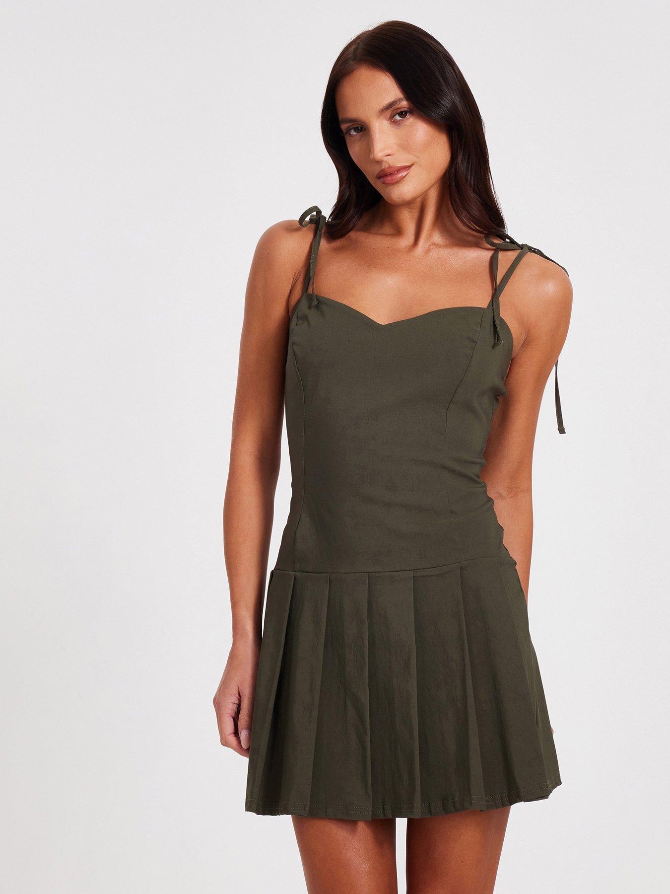 undefined Khaki Pleated Mini Dress