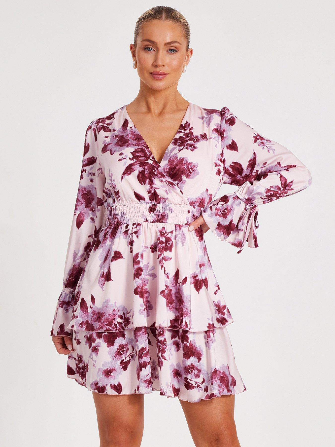 quiz-pink-satin-floral-skater-dress