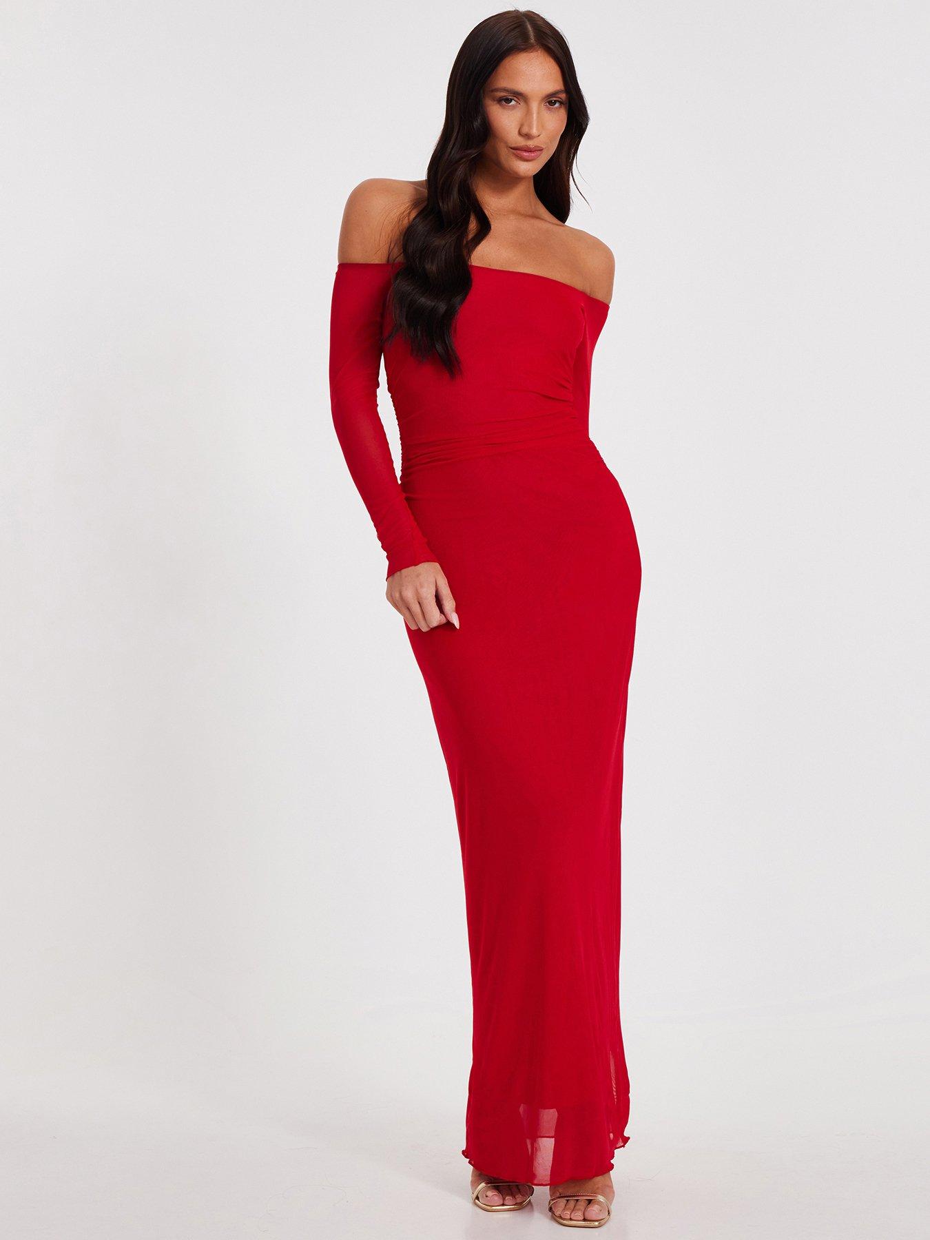 undefined Red Bardot Mesh Midaxi Dress