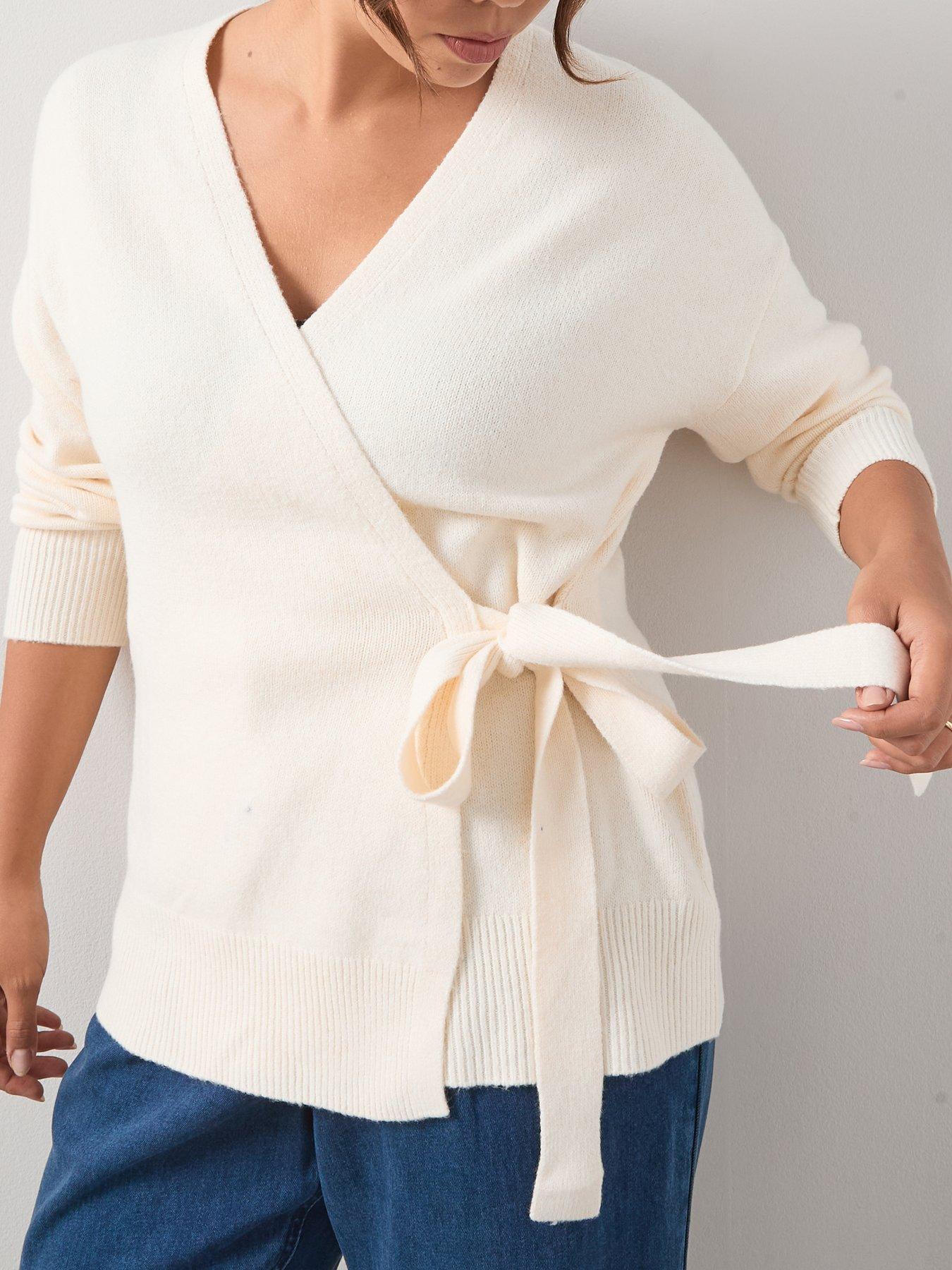 Image 4 of 6 of V by Very Curve Cosy Yarn Longline Wrap Jumper With Wool - Beige